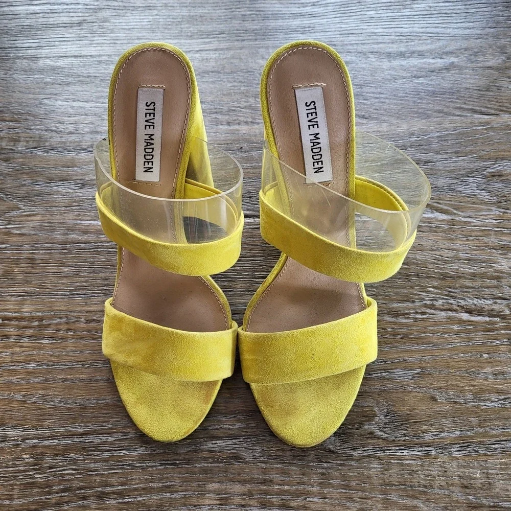 Steve Madden Yellow Suede Clear Strap Block Heel Sandals Mules Womens Size 8.5